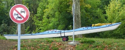 DoubleShot in France on kayak cart. Image copyright Kristin Nelson.